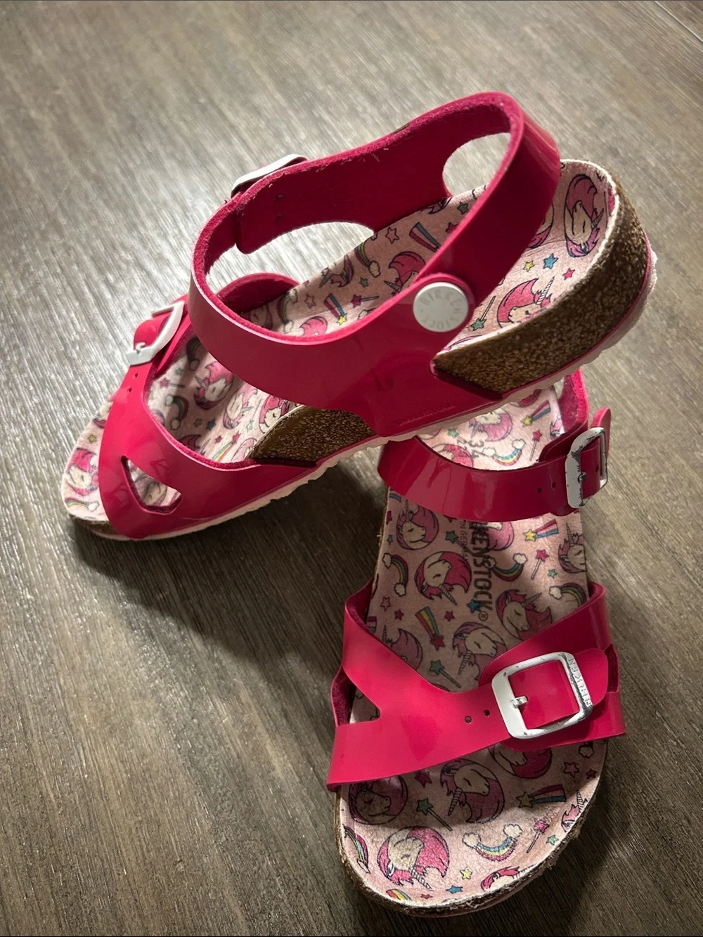 Birkenstock Girls Pink Buckle Sandals with Unicorn Print Sz. 3.
